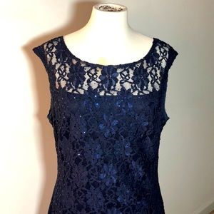 Connected Apparel NEAR PERFECT Sequin Lace Navy Cocktail Dress